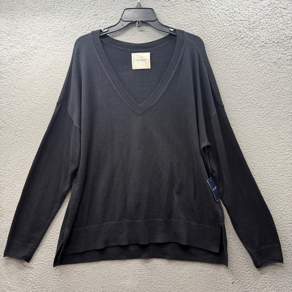 NWT Lucky Brand Black Cashmere Blend V-Neck Pullover Sweater Top Women’s Size XL